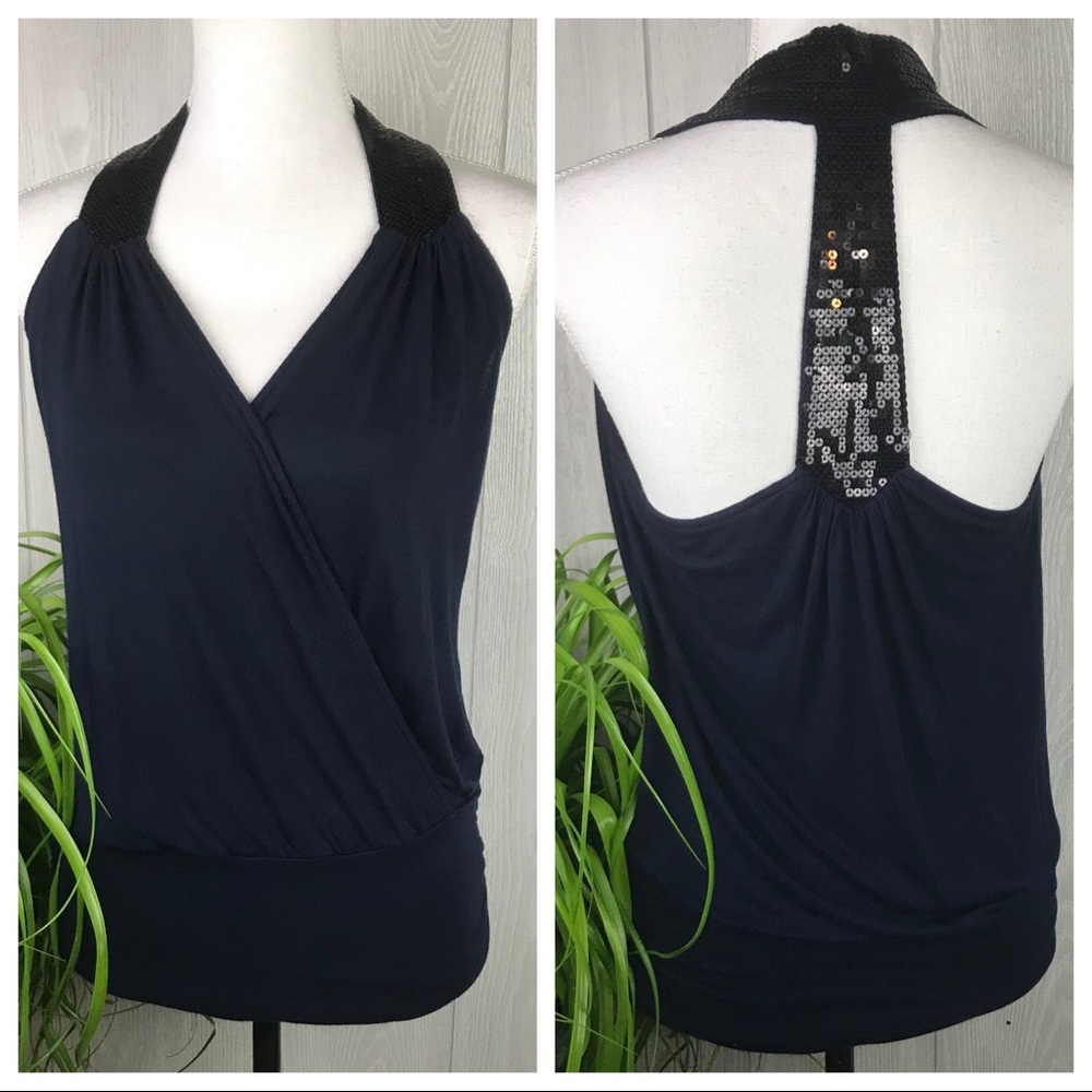 Forever 21 navy blue tank v-neck with sequin detail back strap